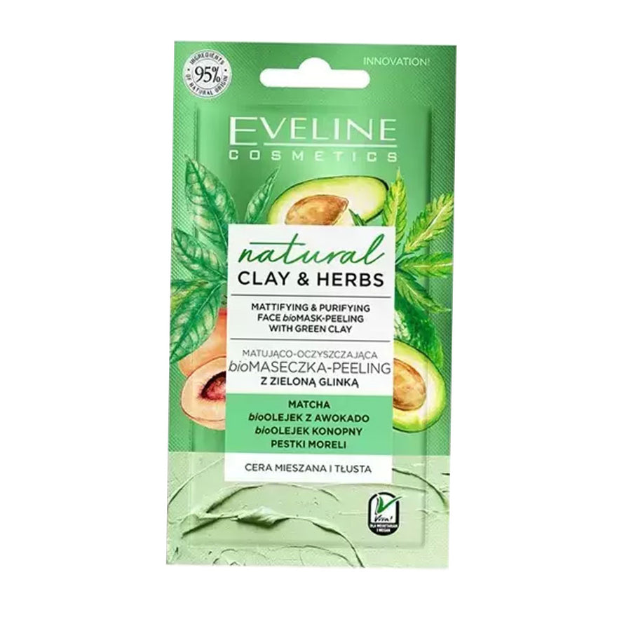 Eveline Natural Clay&Herbs Mattifying Purifying Biomask Face Peeling with Green Clay 8ml